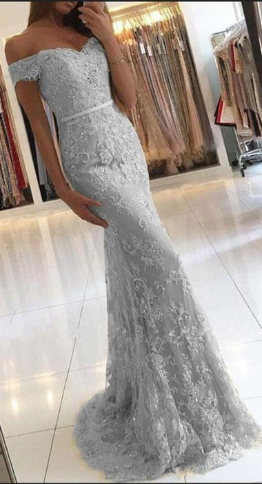 Bridelily Elegant 2019 Lace Mermaid Prom Dresses Off the Shoulder Beading with Belt - Prom Dresses