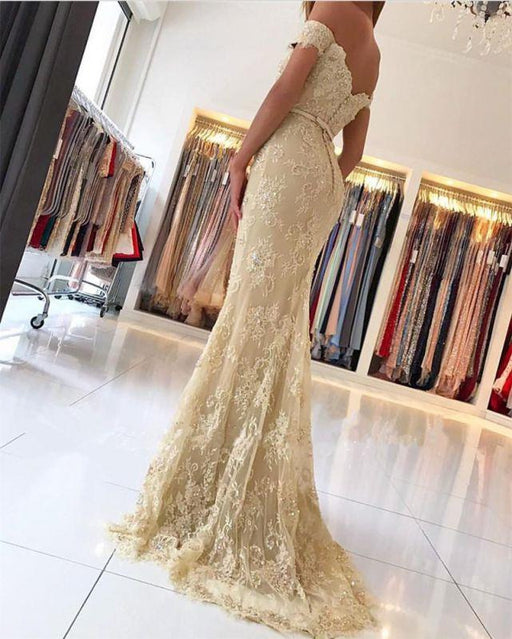 Bridelily Elegant 2019 Lace Mermaid Prom Dresses Off the Shoulder Beading with Belt - Prom Dresses