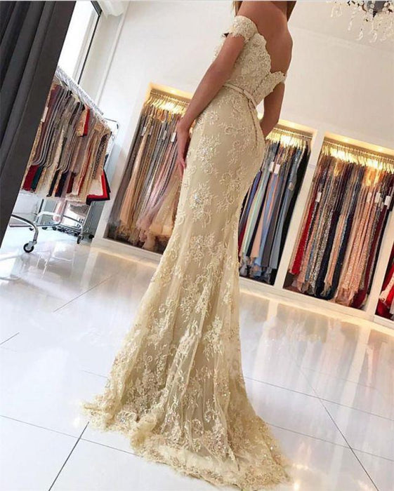 Bridelily Elegant 2019 Lace Mermaid Prom Dresses Off the Shoulder Beading with Belt - Prom Dresses