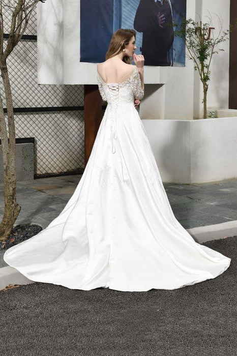 Bridelily Elegant Lace-up A-Line Applique Satin Wedding Dress - wedding dresses