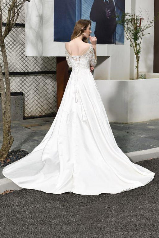Bridelily Elegant Lace-up A-Line Applique Satin Wedding Dress - wedding dresses