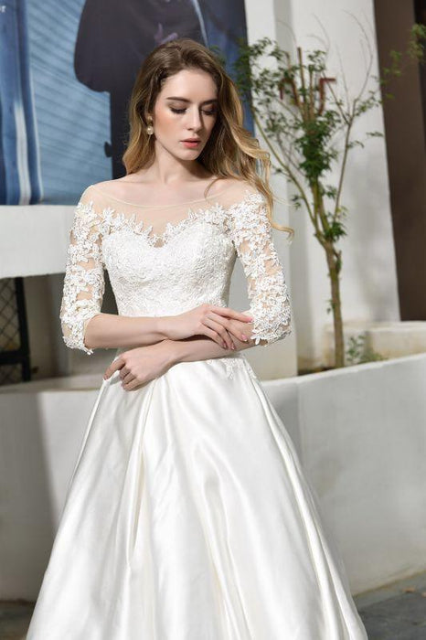Bridelily Elegant Lace-up A-Line Applique Satin Wedding Dress - wedding dresses