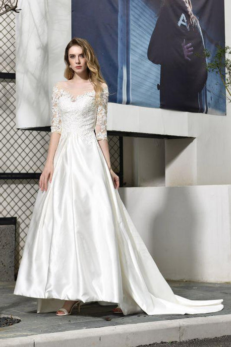 Bridelily Elegant Lace-up A-Line Applique Satin Wedding Dress - wedding dresses