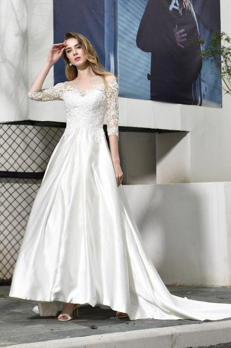 Bridelily Elegant Lace-up A-Line Applique Satin Wedding Dress - wedding dresses