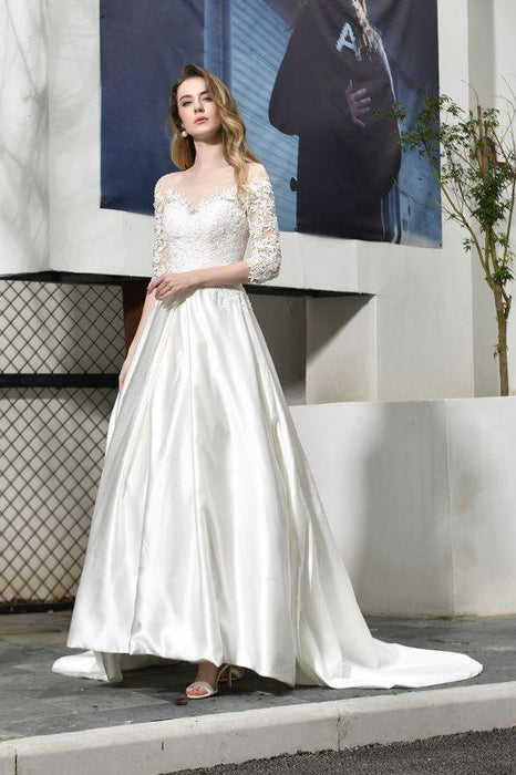 Bridelily Elegant Lace-up A-Line Applique Satin Wedding Dress - wedding dresses