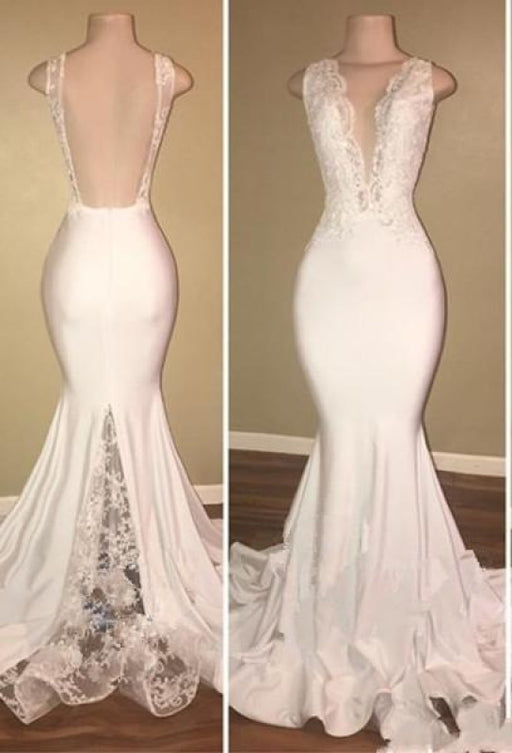 Bridelily Elegant Long Mermaid Prom Dresses | V-Neck Backless Lace Evening Gowns - Prom Dresses