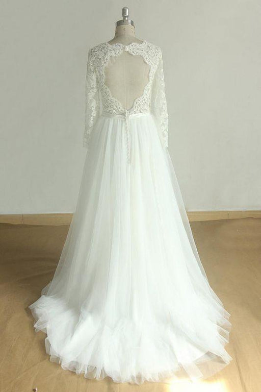 Bridelily Elegant Long Sleeve Lace Tulle A-line Wedding Dress - wedding dresses