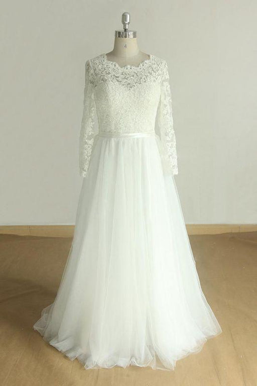 Bridelily Elegant Long Sleeve Lace Tulle A-line Wedding Dress - wedding dresses