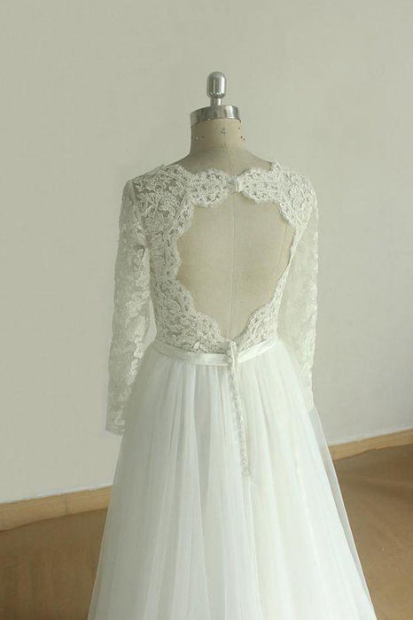 Bridelily Elegant Long Sleeve Lace Tulle A-line Wedding Dress - wedding dresses