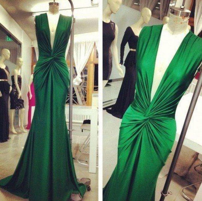 Bridelily Emerald Green Mermaid Evening Gowns 2019 Deep V Neck Ruched Sexy Long Prom Dresses - Prom Dresses