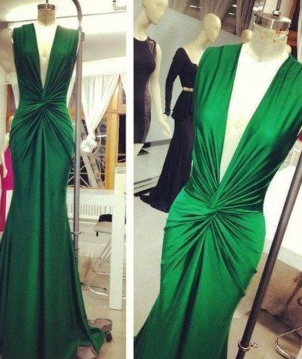 Bridelily Emerald Green Mermaid Evening Gowns 2019 Deep V Neck Ruched Sexy Long Prom Dresses - Prom Dresses