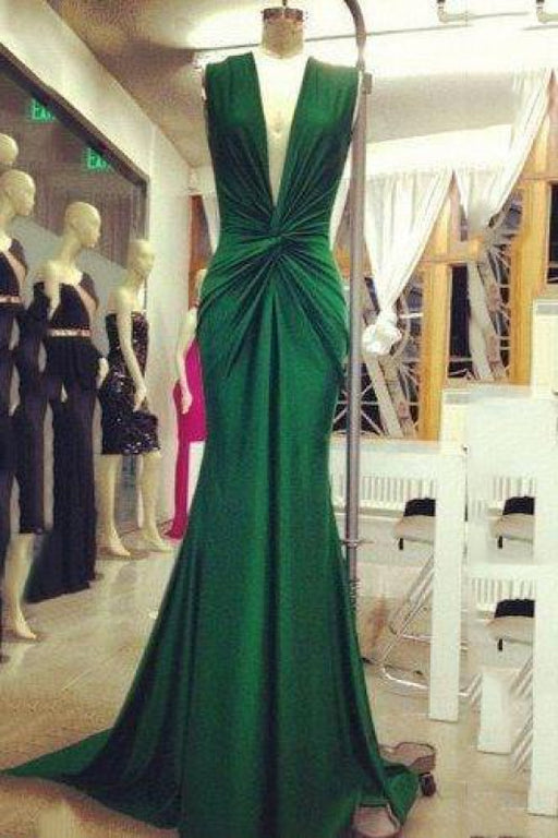 Bridelily Emerald Green Mermaid Evening Gowns 2019 Deep V Neck Ruched Sexy Long Prom Dresses - Prom Dresses