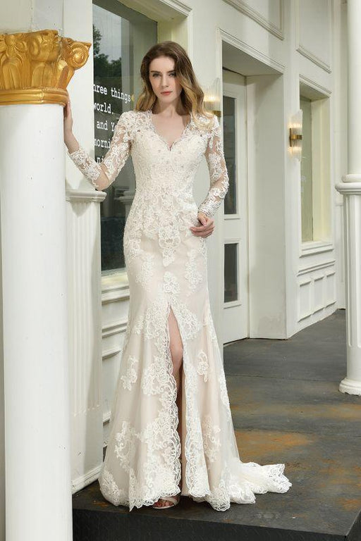Bridelily Exquisite V-Neck Long Sleeve Mermaid Wedding Dress - wedding dresses