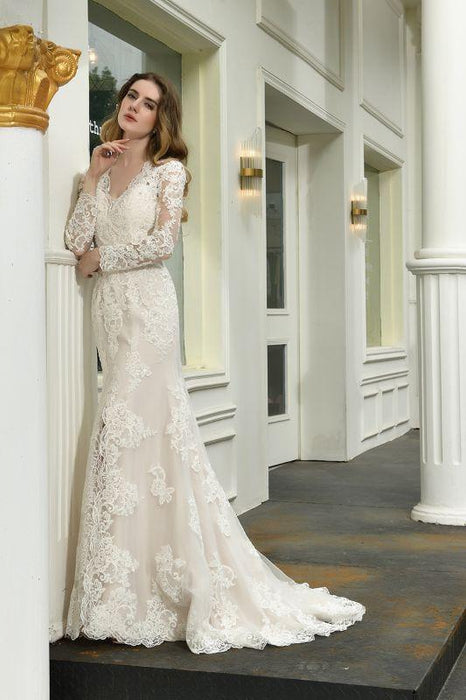 Bridelily Exquisite V-Neck Long Sleeve Mermaid Wedding Dress - wedding dresses