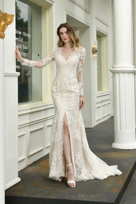 Bridelily Exquisite V-Neck Long Sleeve Mermaid Wedding Dress - wedding dresses