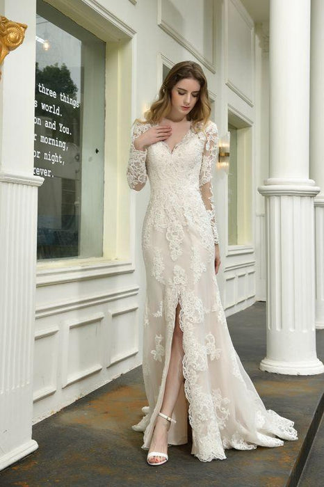 Bridelily Exquisite V-Neck Long Sleeve Mermaid Wedding Dress - wedding dresses