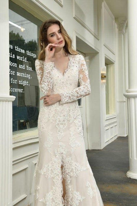 Bridelily Exquisite V-Neck Long Sleeve Mermaid Wedding Dress - wedding dresses