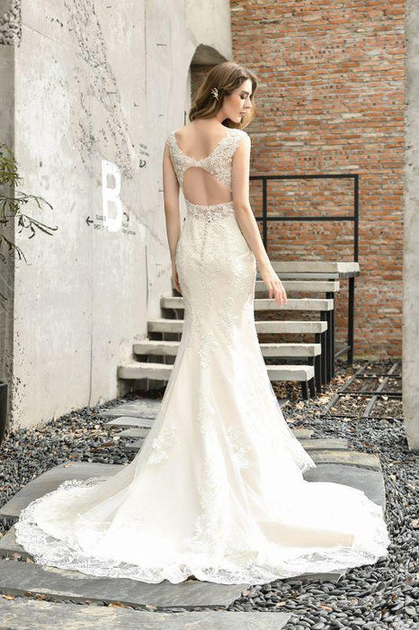 Bridelily Glamorous Mermaid Satin Lace Open Back Wedding Dress - wedding dresses