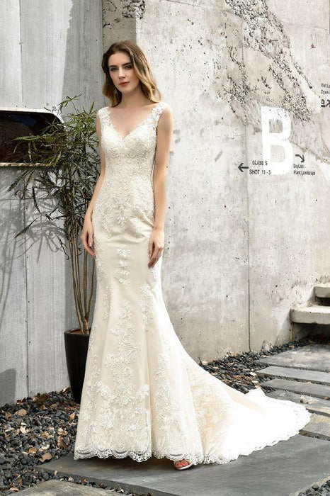 Bridelily Glamorous Mermaid Satin Lace Open Back Wedding Dress - wedding dresses