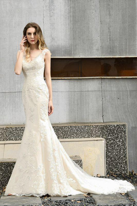 Bridelily Glamorous Mermaid Satin Lace Open Back Wedding Dress - wedding dresses