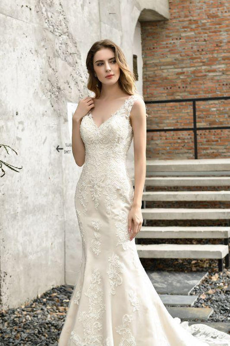 Bridelily Glamorous Mermaid Satin Lace Open Back Wedding Dress - wedding dresses