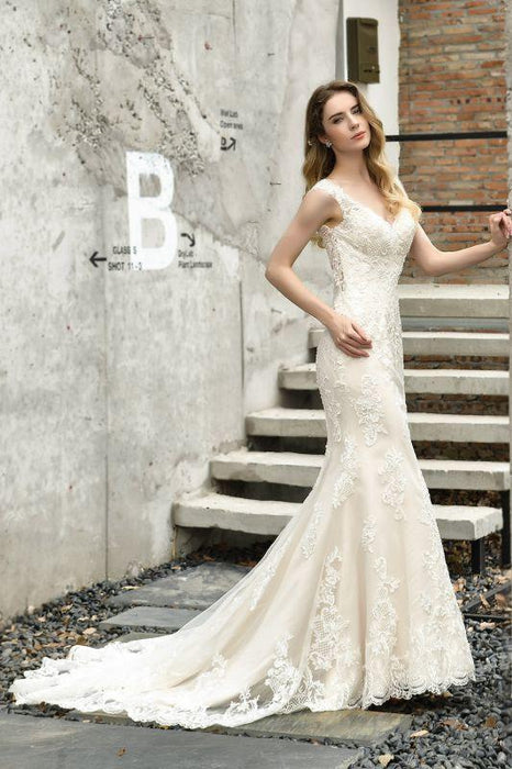 Bridelily Glamorous Mermaid Satin Lace Open Back Wedding Dress - wedding dresses