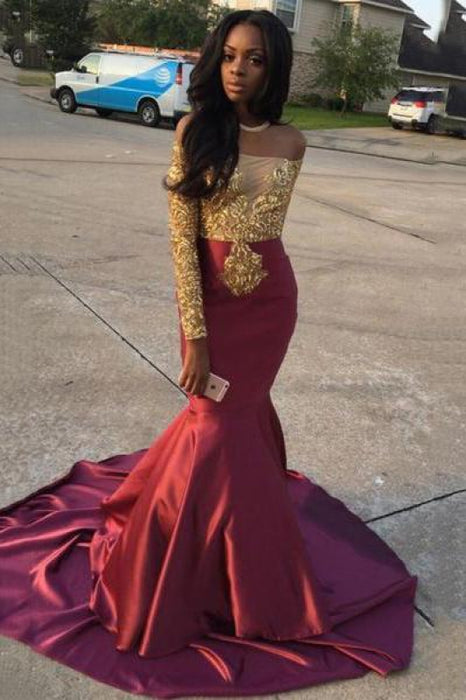 Bridelily Gold Lace Appliques Off The Shoulder Evening Gowns Long Sleeve Mermaid 2019 Prom Dress CE0071 - Prom Dresses
