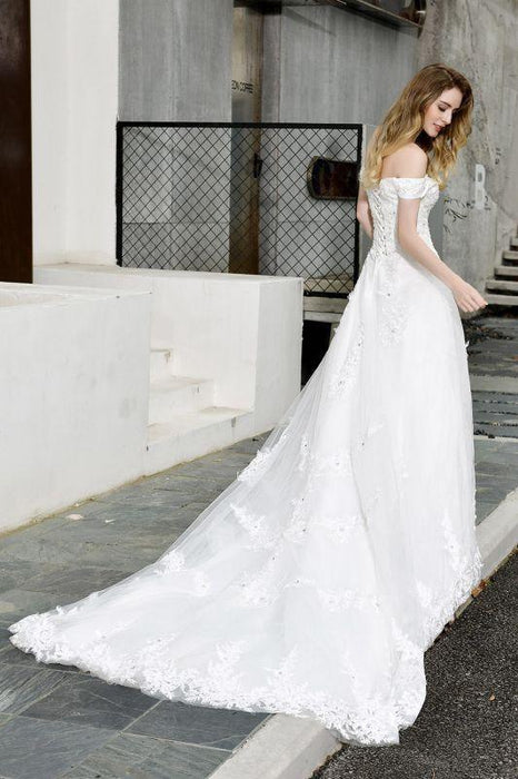 Bridelily Gorgeous A-Line Lace Off Shoulder Wedding Dress - wedding dresses