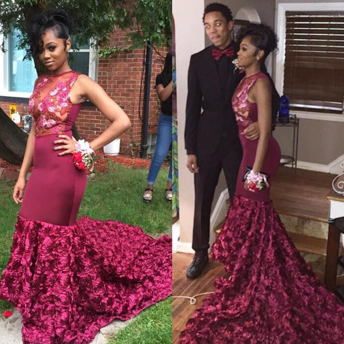 Bridelily Gorgeous Burgundy Mermaid Prom Dresses | Sexy Evening Gowns with Flowers Skirt - Prom Dresses