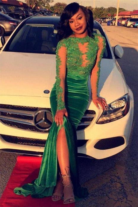 Bridelily Gorgeous Green Long-Sleeve Lace Appliques Split Mermaid Prom Dress - Prom Dresses