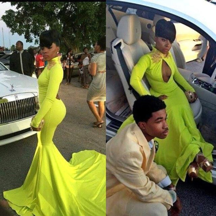 Bridelily Gorgeous Long Sleeve High-Neck Keyhole Prom Dresses 2019 Mermaid Yellow Long - Prom Dresses