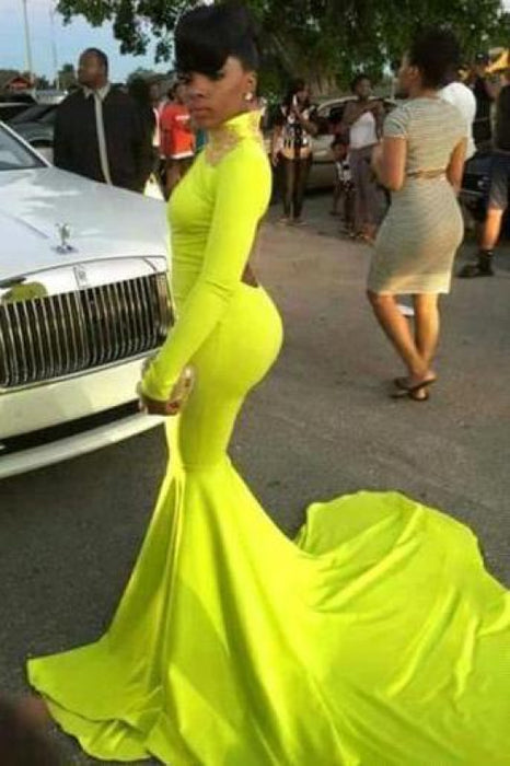 Bridelily Gorgeous Long Sleeve High-Neck Keyhole Prom Dresses 2019 Mermaid Yellow Long - Prom Dresses