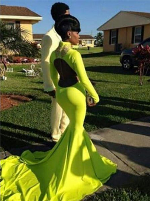 Bridelily Gorgeous Long Sleeve High-Neck Keyhole Prom Dresses 2019 Mermaid Yellow Long - Prom Dresses