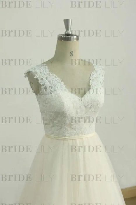 Bridelily Graceful V-neck Lace Tulle A-line Wedding Dress - wedding dresses