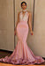 Bridelily Halter V-neck Mermaid Beading Prom Dress 2019 | Sexy Backless Pink Evening Dress with Long Train - Prom Dresses
