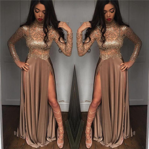 Bridelily High Neck Champagne Gold Sexy Evening Dress Splits Long Sleeve Illusion Prom Dress 2019 FB0061 - Prom Dresses