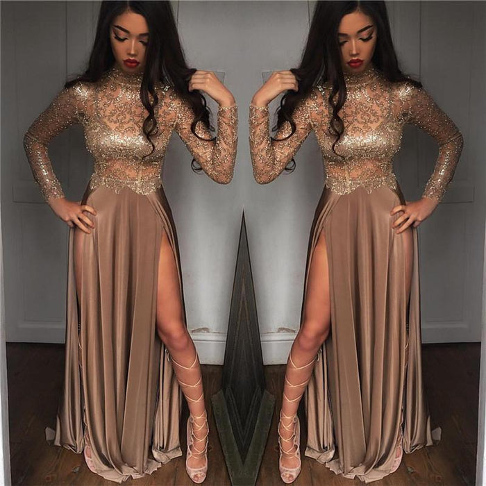 Bridelily High Neck Champagne Gold Sexy Evening Dress Splits Long Sleeve Illusion Prom Dress 2019 FB0061 - Prom Dresses