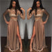 Bridelily High Neck Champagne Gold Sexy Evening Dress Splits Long Sleeve Illusion Prom Dress 2019 FB0061 - Prom Dresses