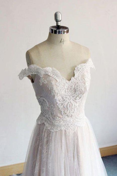 Bridelily Latest Off Shoulder Lace Tulle A-line Wedding Dress - wedding dresses