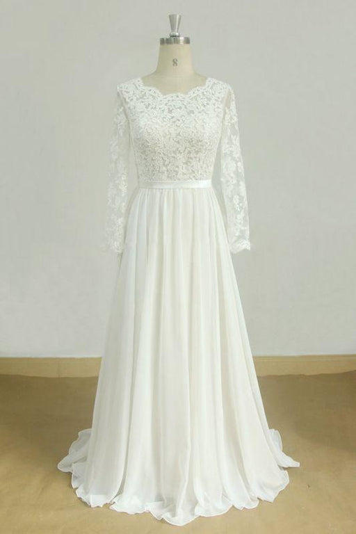 Bridelily Long Sleeve A-line Lace Chiffon Wedding Dress - wedding dresses