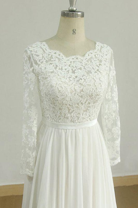 Bridelily Long Sleeve A-line Lace Chiffon Wedding Dress - wedding dresses