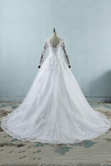 Bridelily Long Sleeve Appliques Tulle A-line Wedding Dress - wedding dresses