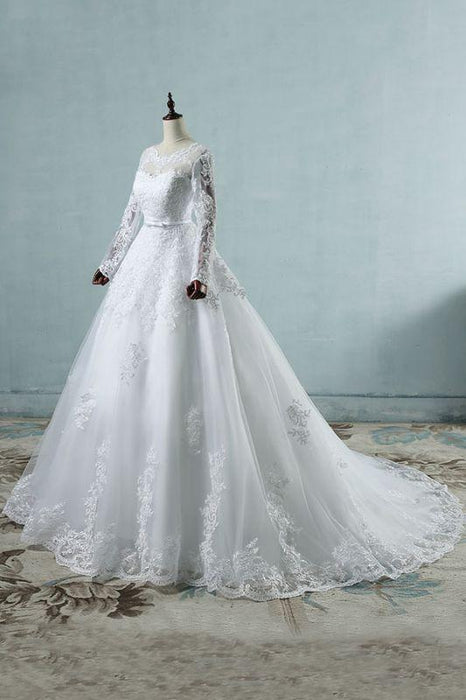 Bridelily Long Sleeve Appliques Tulle A-line Wedding Dress - wedding dresses