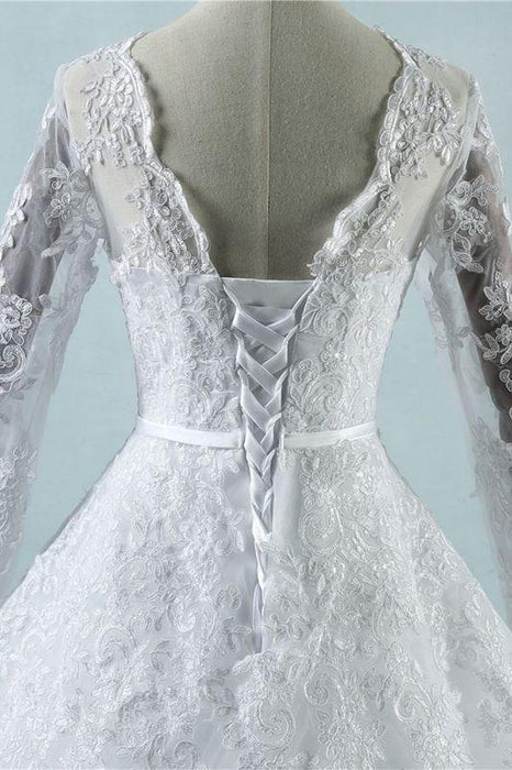 Bridelily Long Sleeve Appliques Tulle A-line Wedding Dress - wedding dresses