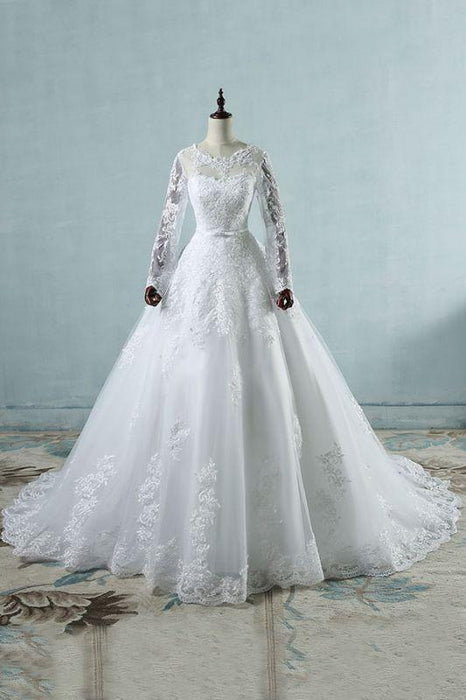 Bridelily Long Sleeve Appliques Tulle A-line Wedding Dress - wedding dresses