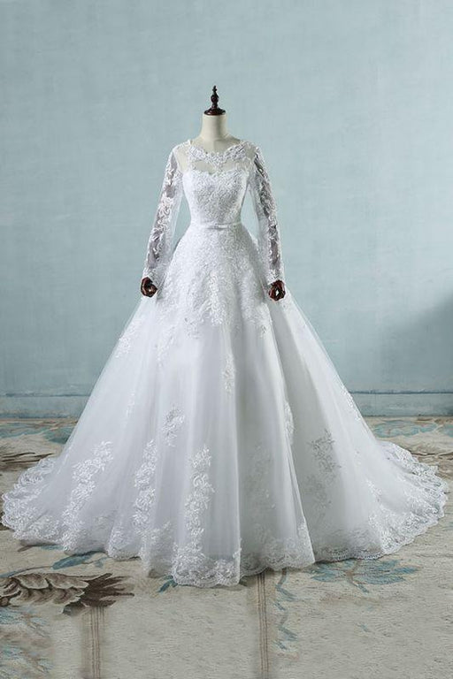 Bridelily Long Sleeve Appliques Tulle A-line Wedding Dress - wedding dresses