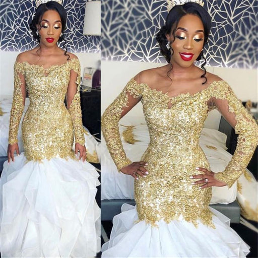 Bridelily Long Sleeve Gold Lace Appliques 2019 Prom Dress | Sexy Ruffles Mermaid Evening Gown Cheap FB0328 - Prom Dresses