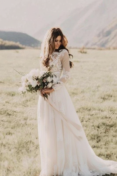 Bridelily Long Sleeve Lace Floor Length Boho Wedding Dresses Ivory- wedding dresses