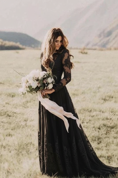 Boho Long Sleeve Lace Wedding Dress | Romantic A-Line Bridal Gown - Bridelily Boho Long Sleeve Lace Wedding Dress | Romantic A-Line Bridal Gown - Bridelily