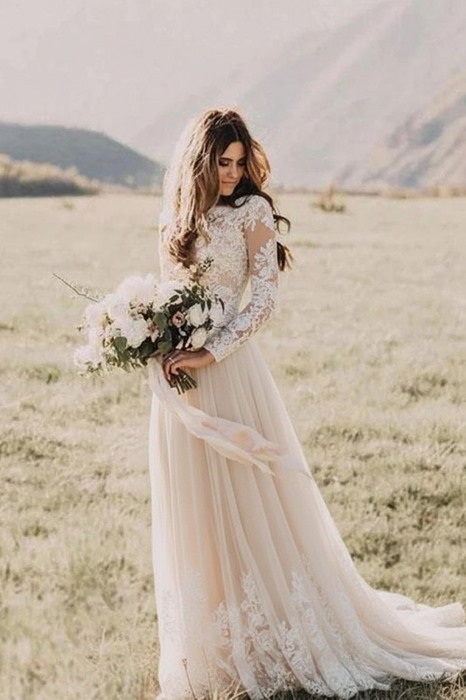 Boho Long Sleeve Lace Wedding Dress | Romantic A-Line Bridal Gown - Bridelily Boho Long Sleeve Lace Wedding Dress | Romantic A-Line Bridal Gown - Bridelily